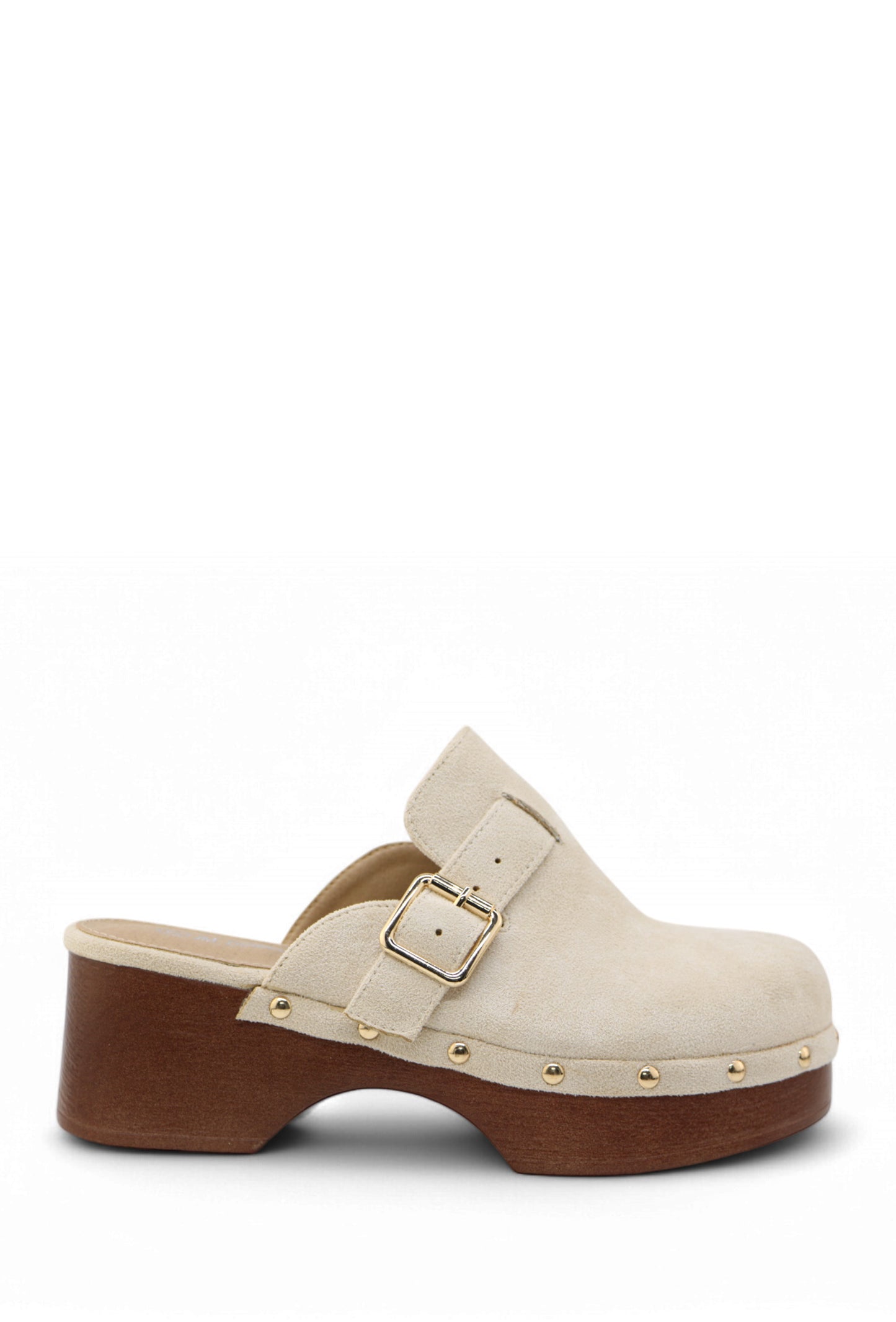 Sabots Suédine Camel à Plateforme Effet Bois Cloutée avec Boucle Métal