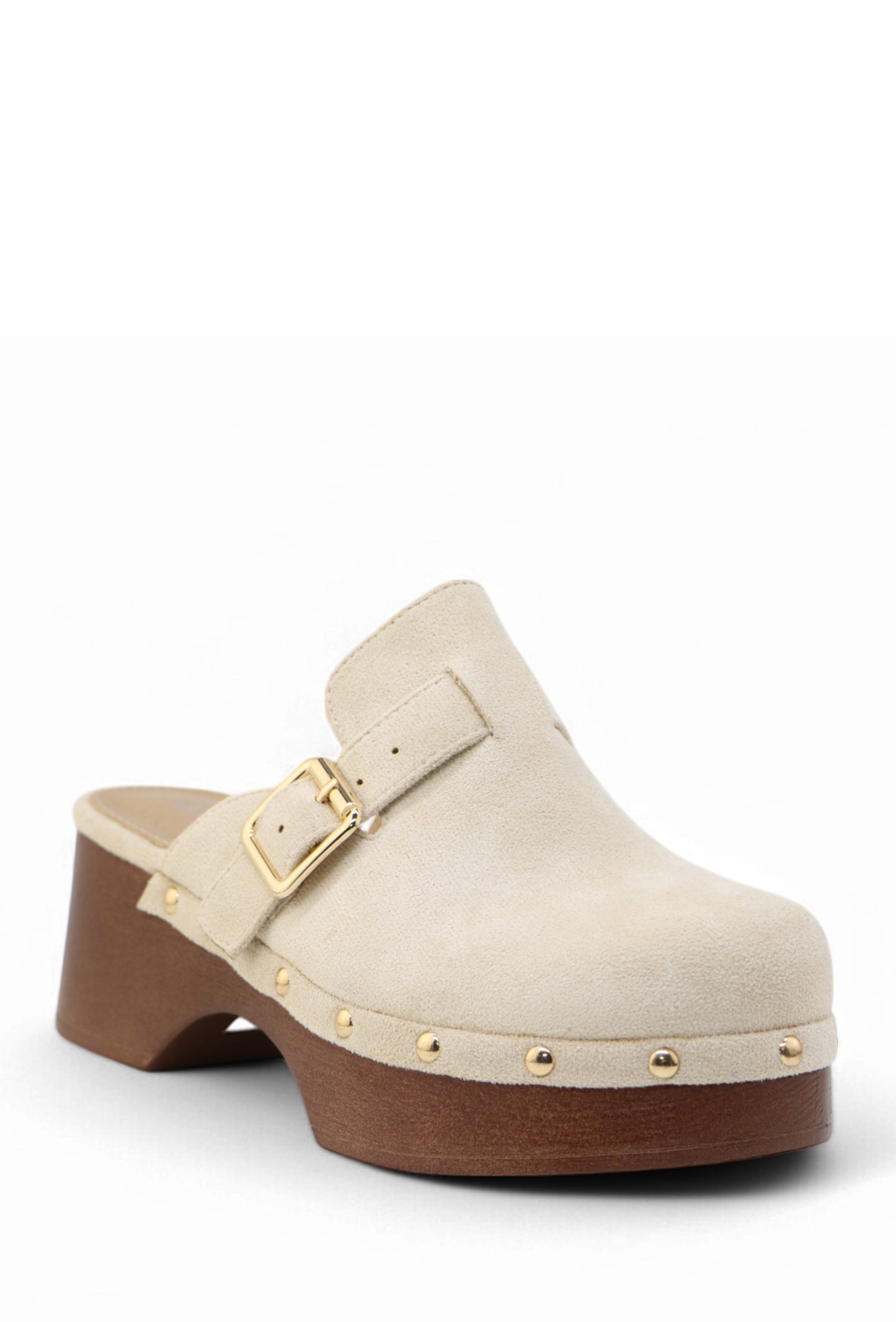 Sabots Suédine Camel à Plateforme Effet Bois Cloutée avec Boucle Métal