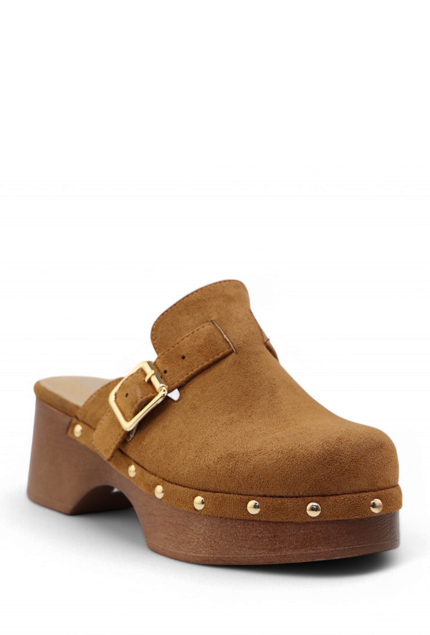 Sabots Suédine Camel à Plateforme Effet Bois Cloutée avec Boucle Métal