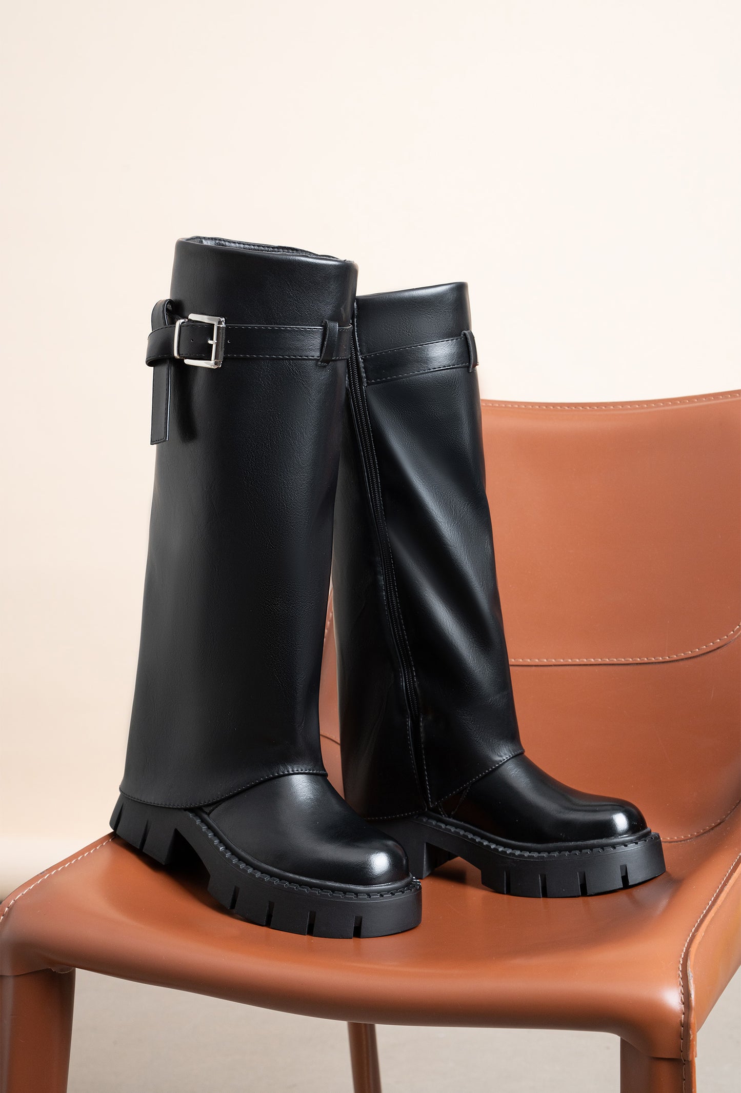 Bottes Haute Chunky Femme – Style Motard Élégant & Confort Urbain pour Automne / Hiver