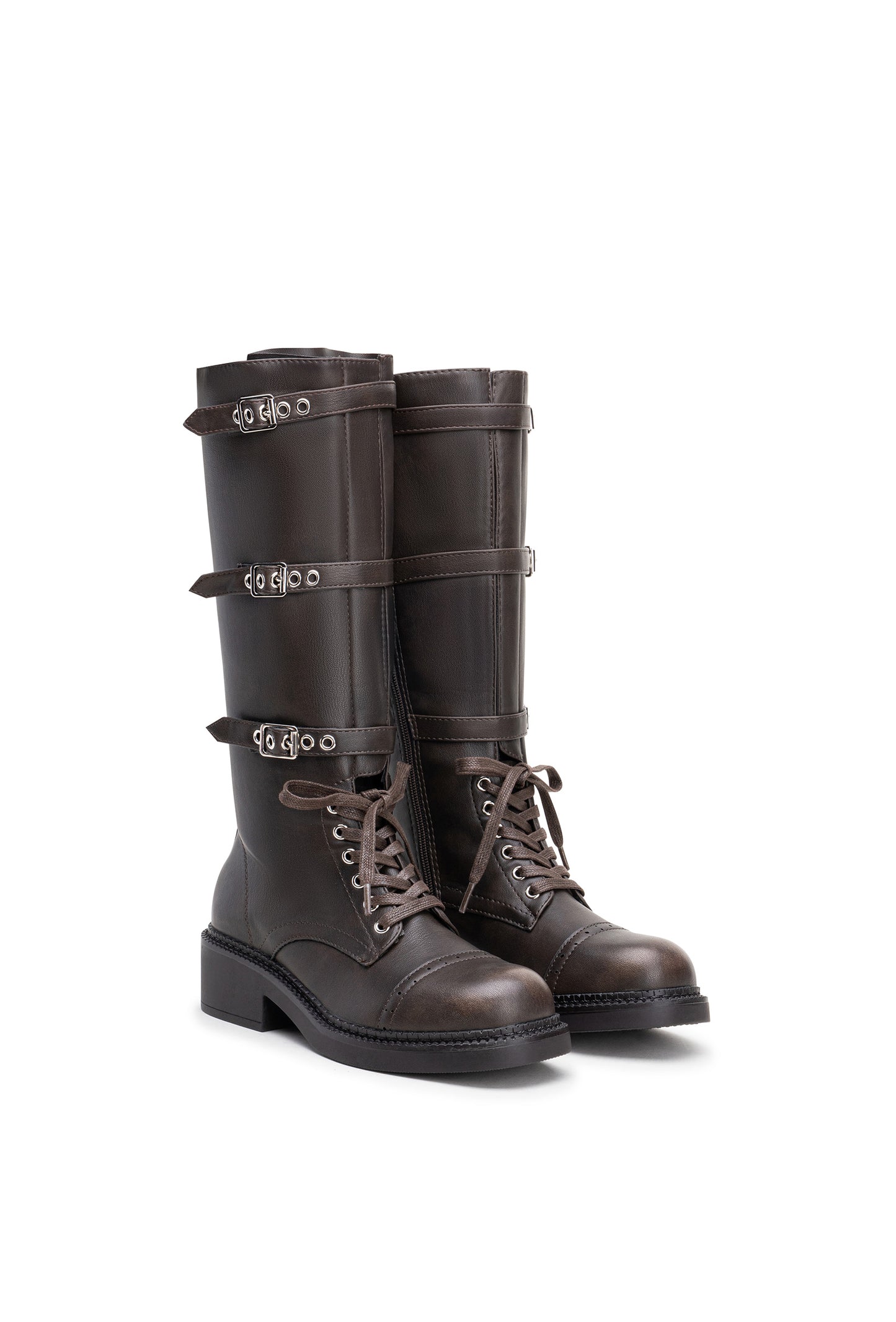 Bottes Noire Vintage Montantes Militaire à Brides – Cuir Vegan, Style Combat & Boucles Métalliques