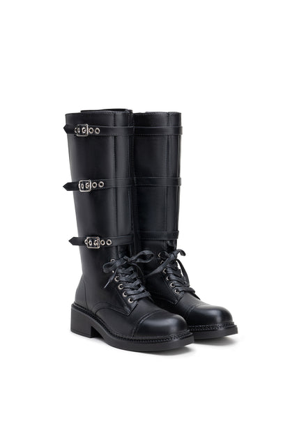 Bottes Noire Vintage Montantes Militaire à Brides – Cuir Vegan, Style Combat & Boucles Métalliques