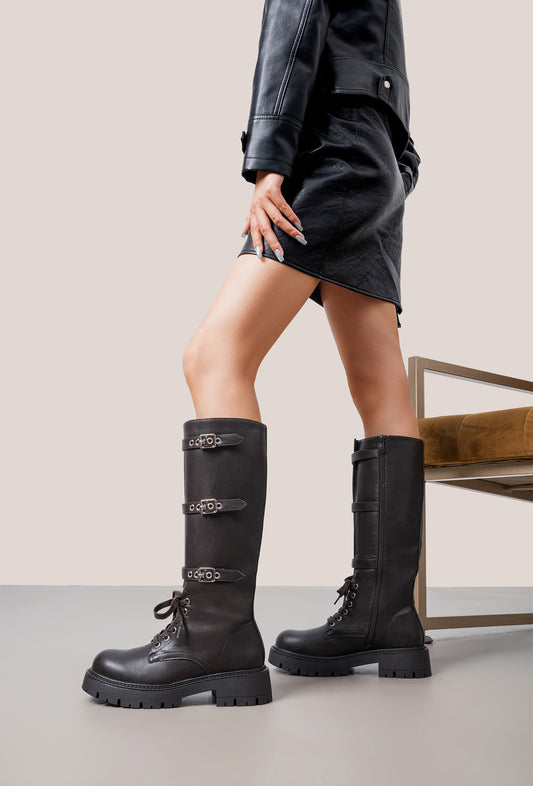 Bottes Noire Montantes Militaire à Brides – Cuir Vegan, Style Combat & Boucles Métalliques