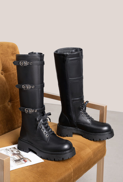 Bottes Noire Montantes Militaire à Brides – Cuir Vegan, Style Combat & Boucles Métalliques