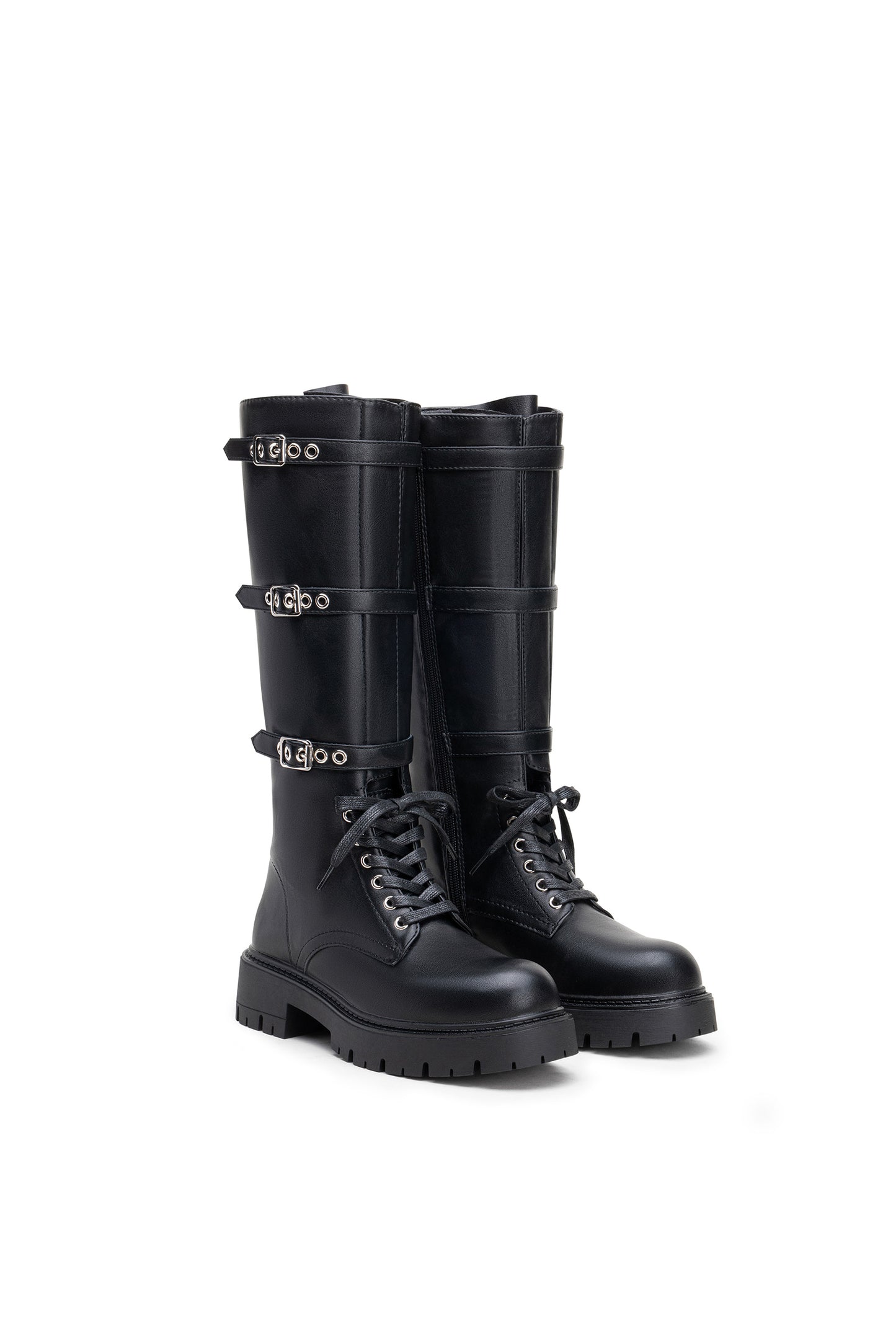 Bottes Noire Montantes Militaire à Brides – Cuir Vegan, Style Combat & Boucles Métalliques